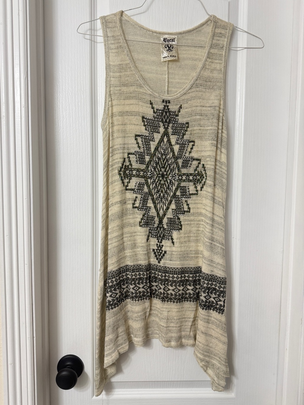 Vocal embellished tank top southwestern Aztec diamond bohemian ivory knit L